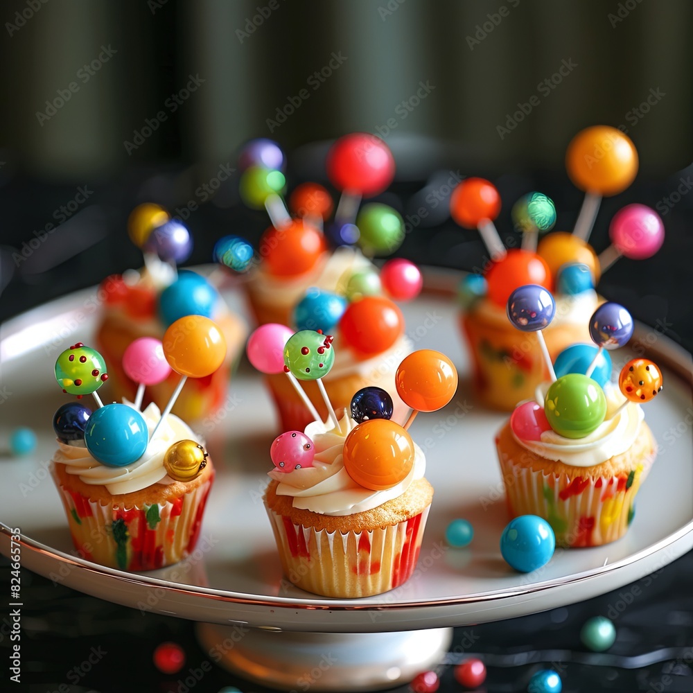 Poster Tiny cupcakes decorated with colorful quarks and leptons a perfect sweet treat