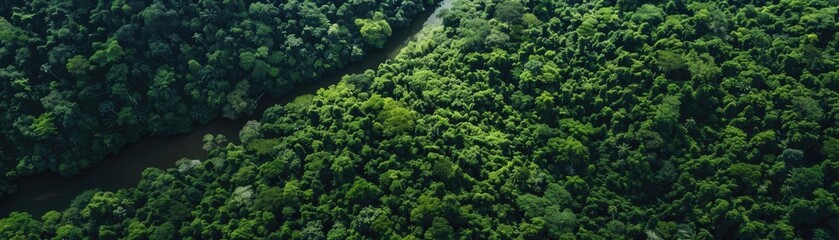Aerial view of a dense, lush green forest with a winding river running through it, displaying the beauty of natural wilderness.