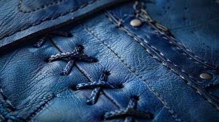 A tag adorned with attractive embroidery crafted from navy leather.