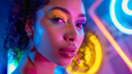 Beauty blogger showcasing a colorful eye makeup look on a well-lit vanity, surrounded by neon wall art