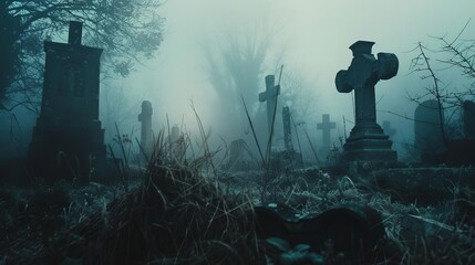 Creepy graveyard with fog, tombstones, and ghostly figures, dark and mysterious, visually striking and detailed