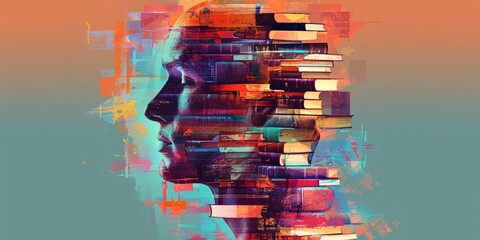 Innovative brain and literature. Icon of originality, artistic creation or montage. Emotional wellness, cognition, mind growth idea