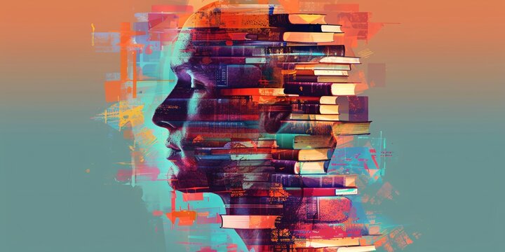 Innovative brain and literature. Icon of originality, artistic creation or montage. Emotional wellness, cognition, mind growth idea