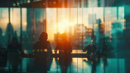 Blurred silhouettes of business professionals in a meeting room, with a large window showing a city skyline