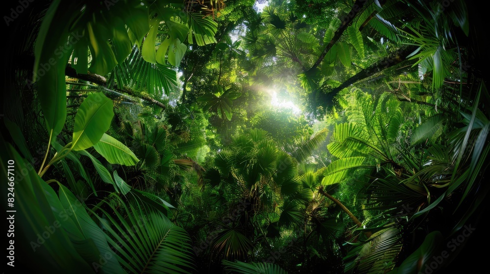Poster lush green tropical rainforest with sunlight filtering through dense canopy, creating a serene and v
