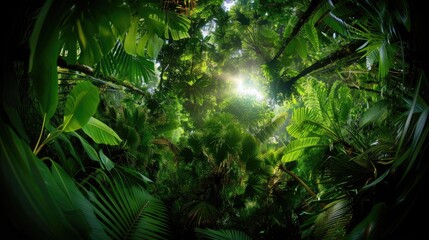 Lush green tropical rainforest with sunlight filtering through dense canopy, creating a serene and vibrant natural atmosphere.