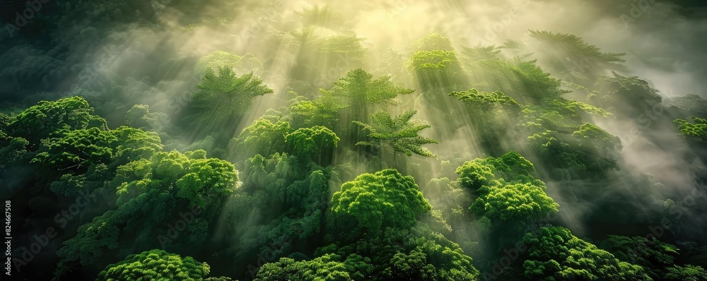 Aufkleber breathtaking view of a lush green rainforest with sunlight filtering through mist, creating a serene
