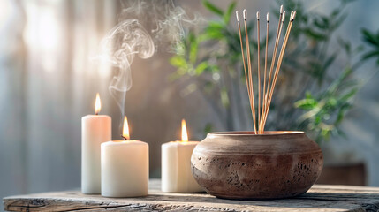 Incense Sticks and Burning White Candles on a Wooden Stool in a Serene Indoor Setting