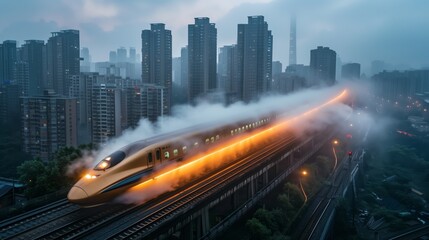 Naklejka premium High-speed train moving through foggy urban landscape. High-speed train moves through a foggy urban landscape, blending advanced technology with the misty city skyline for a dramatic effect.