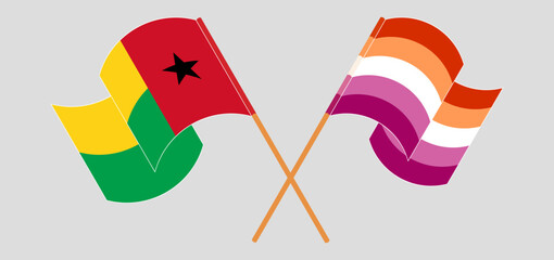 Crossed and waving flags of Guinea-Bissau and Lesbian Pride