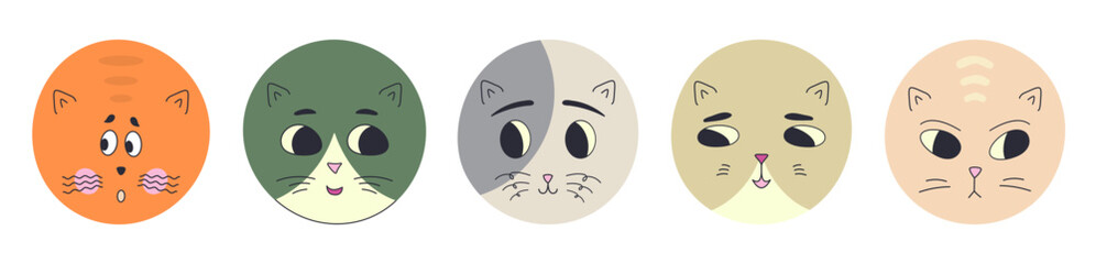 Various characters, black eyes cats. Head shapes, different stickers, cat illustration. Cartoon vector illustration.
