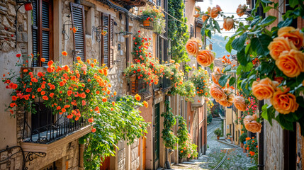 Picturesque European Street with Balconies Adorned with Vibrant Flowers on a Sunny Day