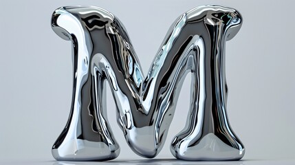 3D reflective chrome letter E with a sleek glossy look, abstract blob form for contemporary Y2K style, metallic font.