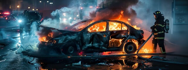 Car engulfed in flames after a violent crash, firefighters working quickly to extinguish the fire