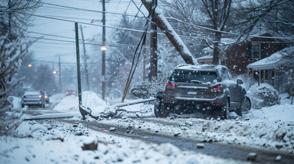 Car skidding off the road and hitting a utility pole during a snowstorm, surrounded by icy debris