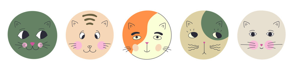Character collection, black eyes cats. Head figures, various mood, cute animal clipart. Bright colorful composition.