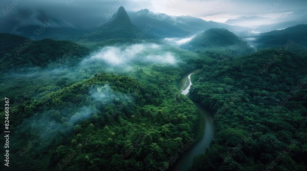 Poster aerial view of a misty rainforest with lush greenery and a winding river cutting through the dense v
