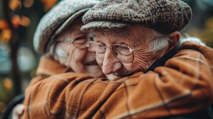 Two elderly people hug each other, one wearing a hat and glasses