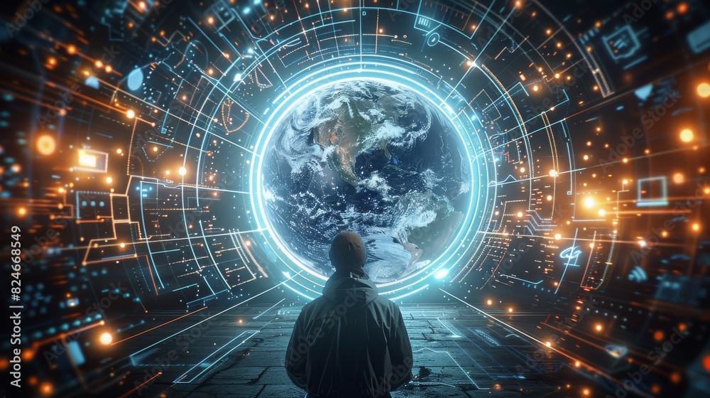 Aufkleber a concept of a person internet surfing, enveloped by a futuristic vortex of digital data and social 