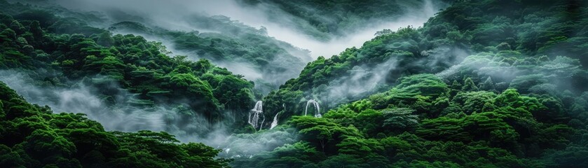 Lush green forest with cascading waterfall and mist, creating a serene and tranquil natural landscape in a tropical environment.
