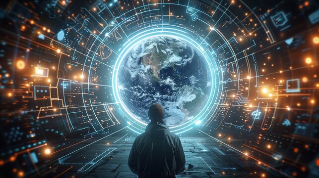 A concept of a person internet surfing, enveloped by a futuristic vortex of digital data and social media symbols circling around Earth. Generative AI.