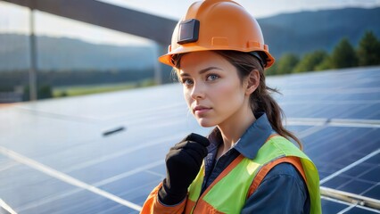 A focused female engineer in a high-visibility vest and safety helmet stands on a solar panel field, with mountains in the background, symbolizing renewable energy and sustainability.