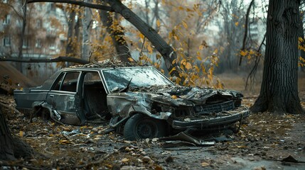 Crushed sedan after a violent collision with a tree, leaving the vehicle severely deformed