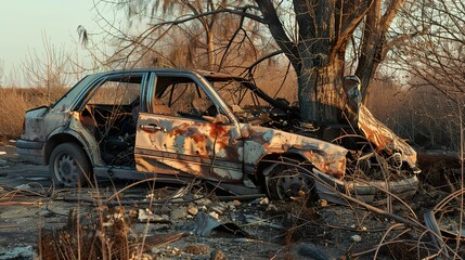 Fototapeta premium Crushed sedan after a violent collision with a tree, leaving the vehicle severely deformed