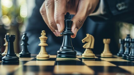 A hand poised over a chessboard, carefully considering the next strategic move