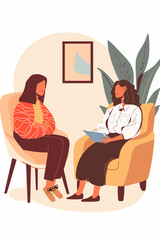 Pregnant Woman in Depression Receives Support from Counselor, Mental Health Therapy Session in Doctor's Office, Psychologist Has Individual Meeting with Young Mother Vector Illustration