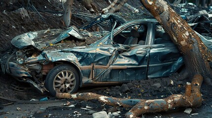 Crushed sedan after a violent collision with a tree, leaving the vehicle severely deformed