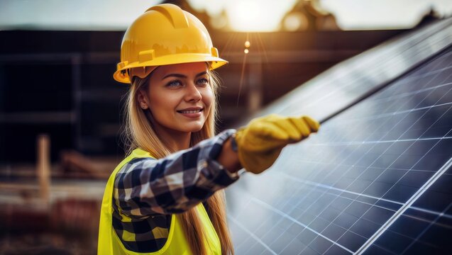 A confident female construction worker in a high-visibility vest and hard hat inspects a solar panel, symbolizing sustainable energy and green jobs. - Powered by Adobe