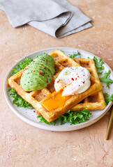 Belgian waffles with avocado and poached egg. Healthy eating. Vegetarian food. Breakfast.