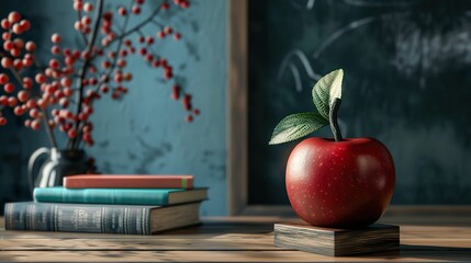 Excellence in teaching trophy shaped like an apple, placed on a wooden base beside books and a chalkboard