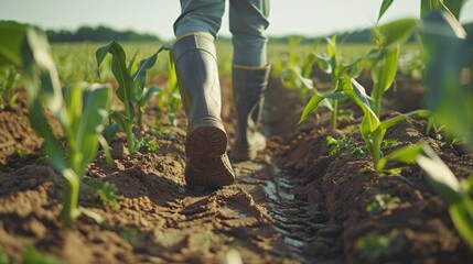 A businessman in galoshes surveys his large farm, surrounded by rows of vibrant crops.