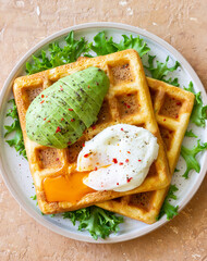 Belgian waffles with avocado and poached egg. Healthy eating. Vegetarian food. Breakfast.