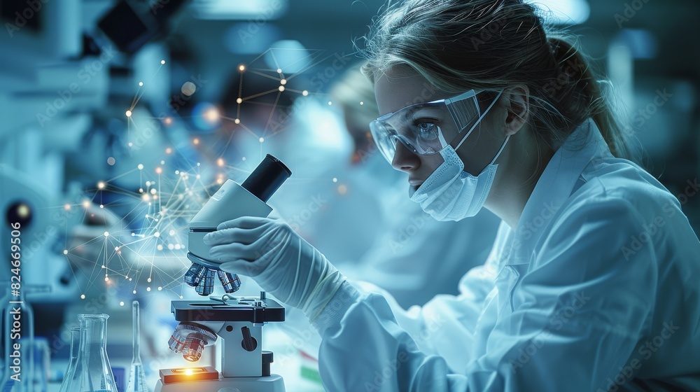 Aufkleber Scientists working in a high-tech biotech laboratory, examining samples under a microscope. Generative AI.