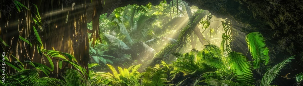 Poster lush green tropical rainforest with sunlight filtering through dense foliage, creating a serene and 