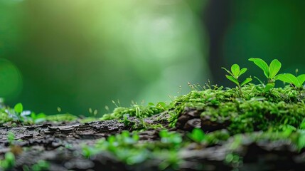Close-up of fresh green moss and small plants growing on a tree trunk, illuminated by soft natural light, with a blurred forest background.