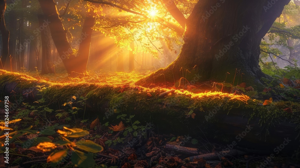 Poster Sunlight filters through a dense forest, illuminating the lush, moss-covered ground and creating a magical, serene atmosphere.