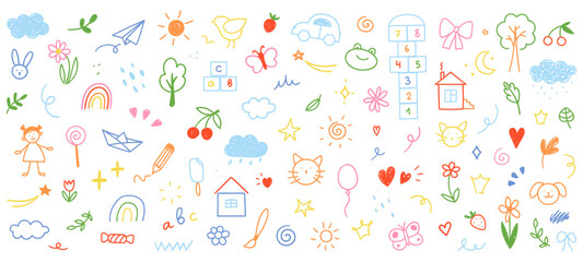 Obraz premium Children's drawings drawn in doodle style. Simple cute illustration isolated on white background.
