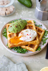 Belgian waffles with avocado and poached egg. Healthy eating. Vegetarian food. Breakfast.