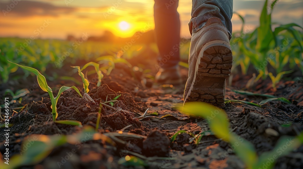 Poster farmer boots walking away from the camera in a field of sprouting corn at sunset. generative ai.