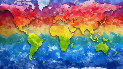 A world map painted in vibrant rainbow colors, symbolizing global unity and diversity, with each continent blending seamlessly into the next.