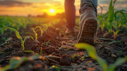 Farmer boots walking away from the camera in a field of sprouting corn at sunset. Generative AI.