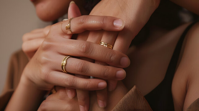 Close-up of female hands showing her golden rings. Horizontal mock-up.