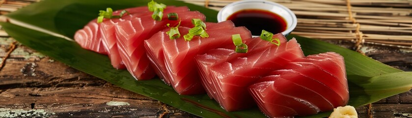 Fresh tuna sashimi slices arranged neatly on a bamboo leaf, served with soy sauce and wasabi