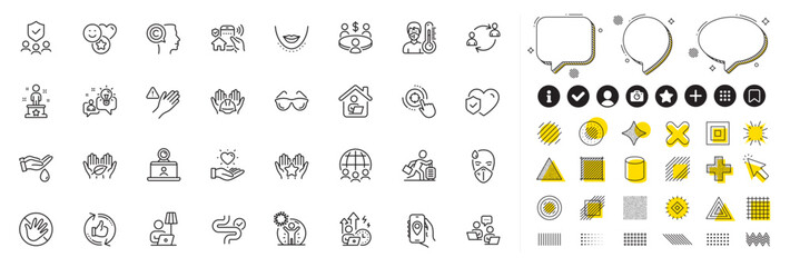 Set of Success, Smile and Dont touch line icons for web app. Design elements, Social media icons. Writer, Fair trade, Video conference icons. Vector