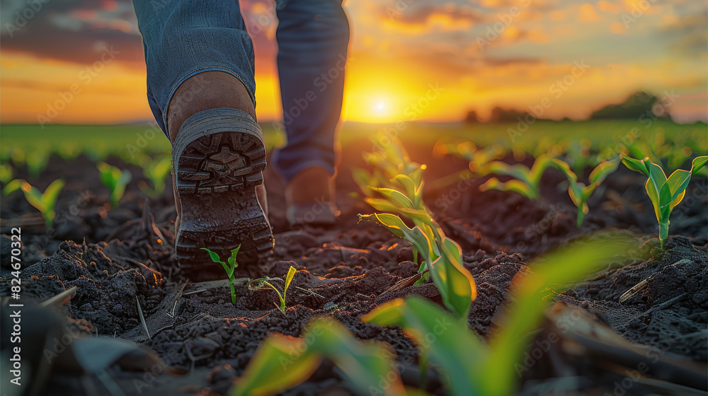Poster farmer boots walking away from the camera in a field of sprouting corn at sunset. generative ai.