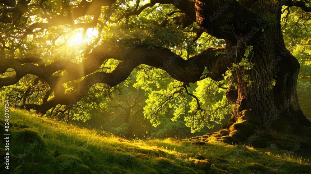 Poster a serene forest scene with sunlight filtering through the branches of an ancient tree, casting a war